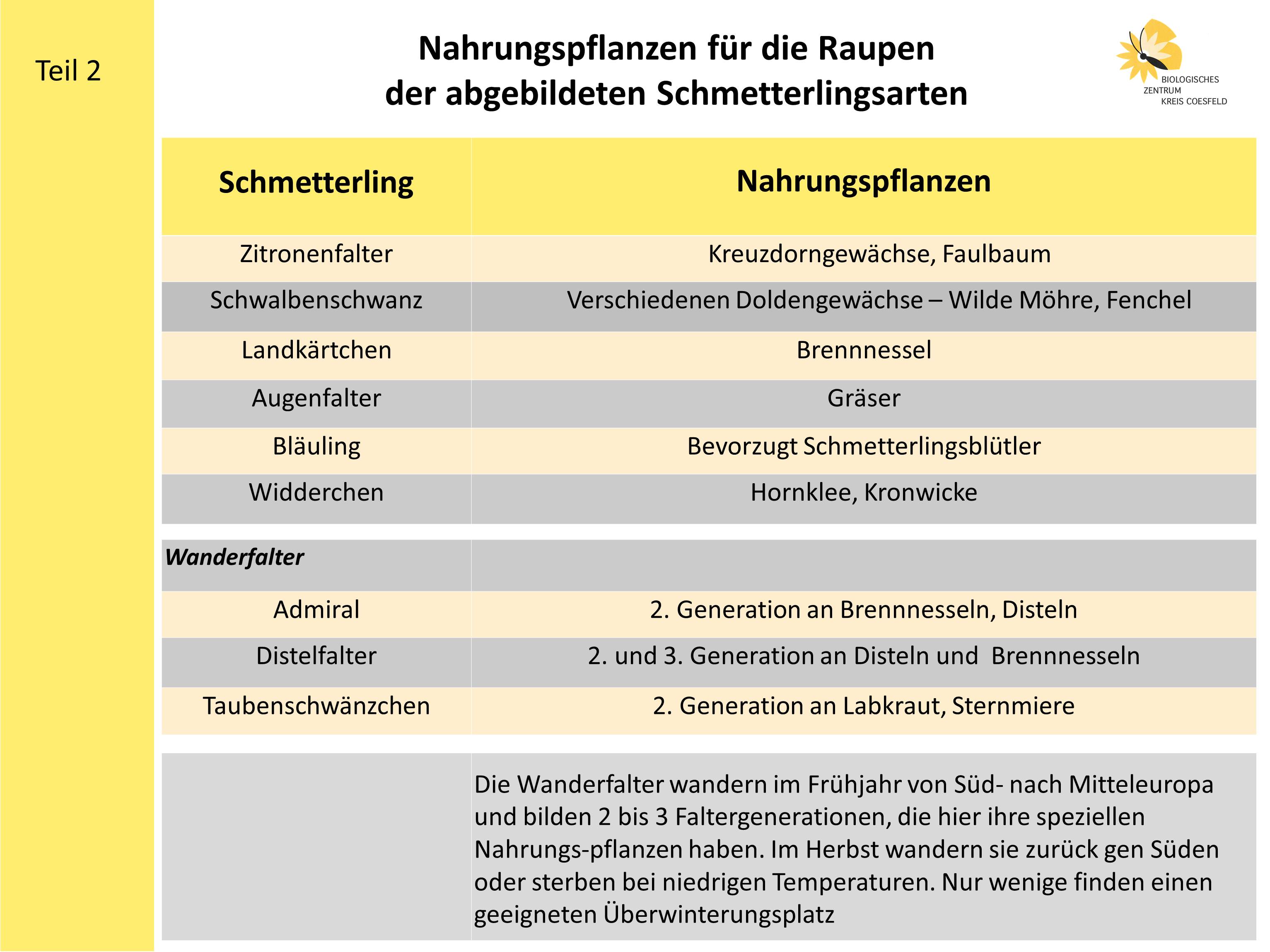 Nahrungspflanzen für Raupen der abgebildeten Schmetterlingsarten, Teil 2